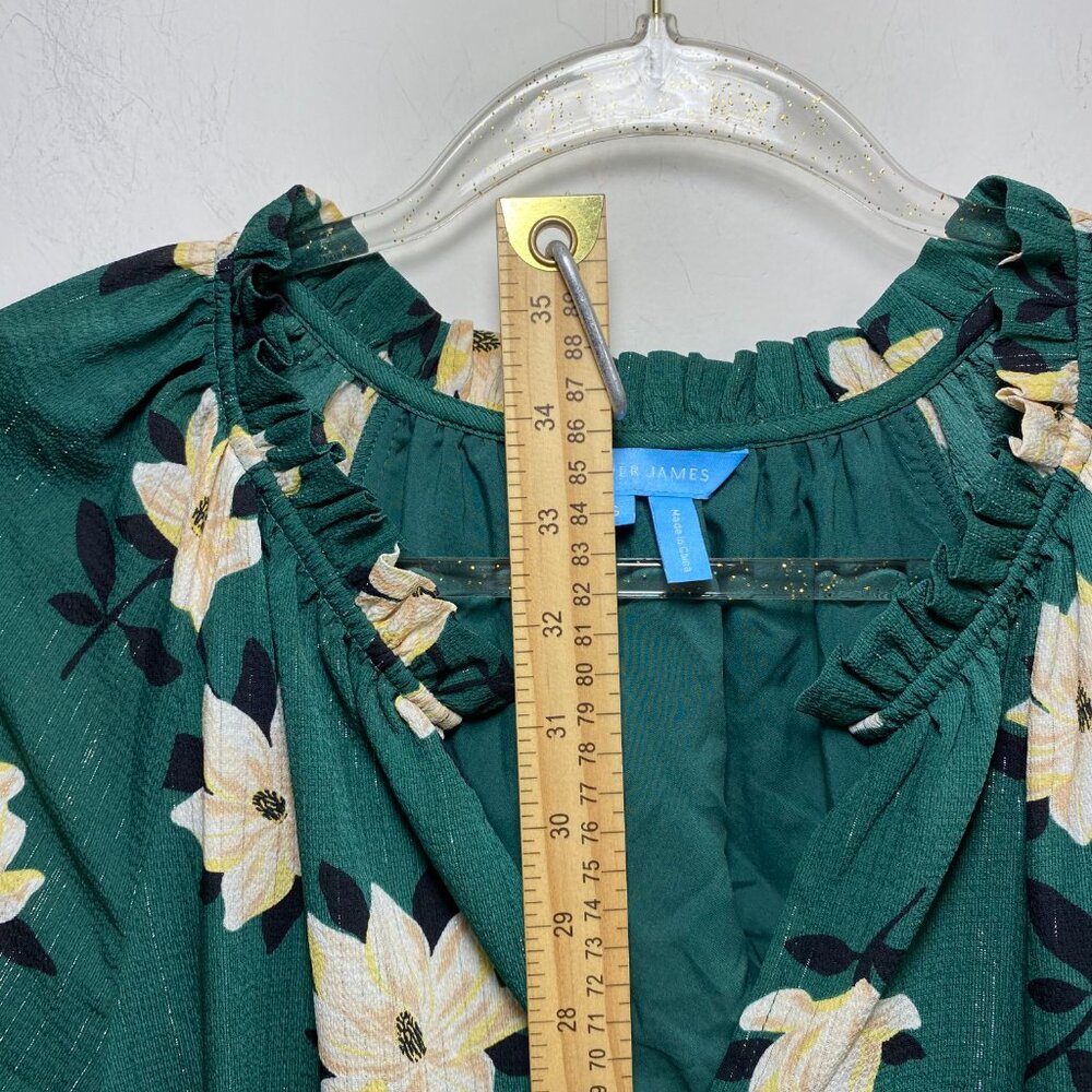 Babydoll Chiffon Kellie Green Floral Shimmer Fit Flare Dress S 3/4 Sleeve V Neck - Picture 6 of 8